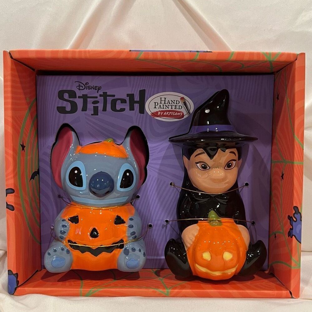 Disney Lilo & Stitch Halloween Pumpkin Ceramic Salt & Pepper Shakers NWT